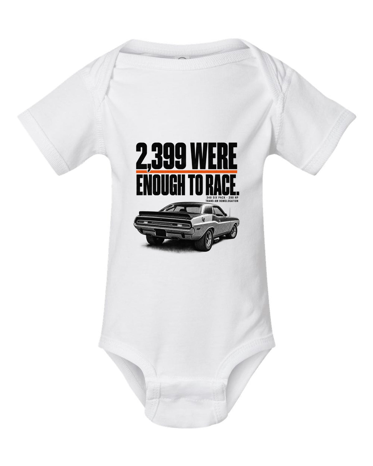 1970 Dodge Challenger T/A halftone print with 2,399 built and 340 Six Pack lettering white baby onesie front view with the design
