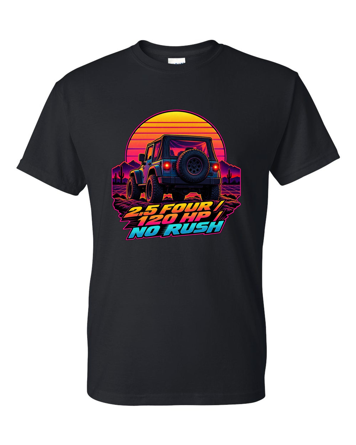 Synthwave sunset illustration of a Jeep Wrangler TJ tailgate with 2.5 FOUR 120 HP NO RUSH lettering black t-shirt front view with the design