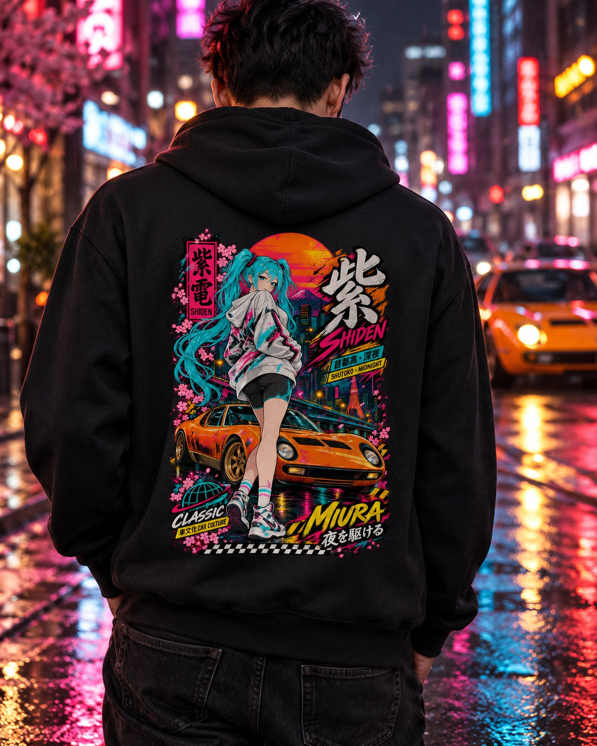 SHIDEN MIURA Anime Girl Full-Back Graphic Tee Pull Over Hoodie Black worn hero