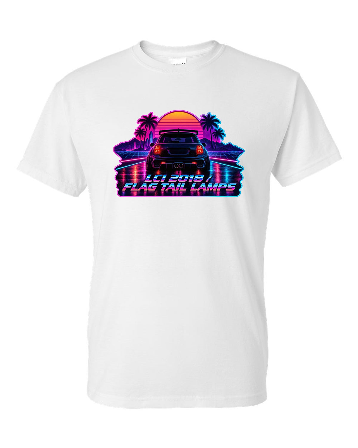 Synthwave outrun artwork of a Mini Cooper JCW F56 LCI with flag tail lamps white t-shirt front view with the design