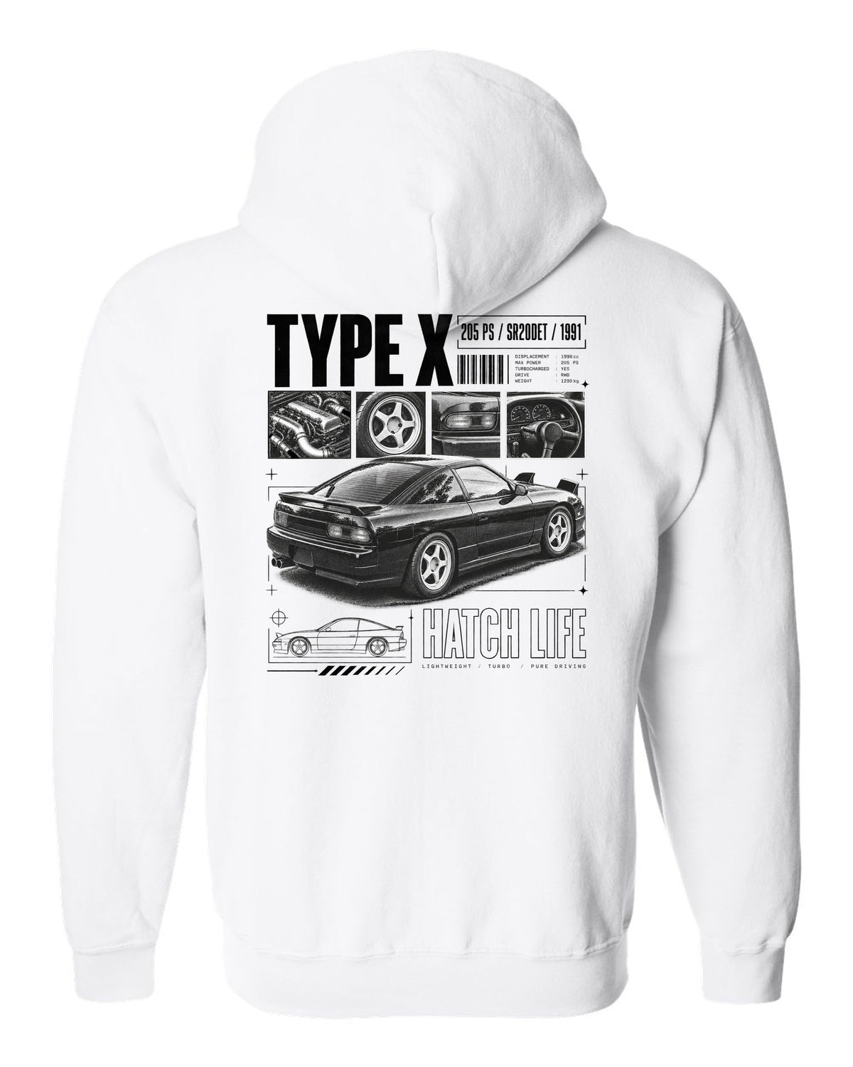 Dossier panels of a Nissan 180SX Type X with 205 PS, SR20DET and 1991 lettering white zip hoodie back view with the design