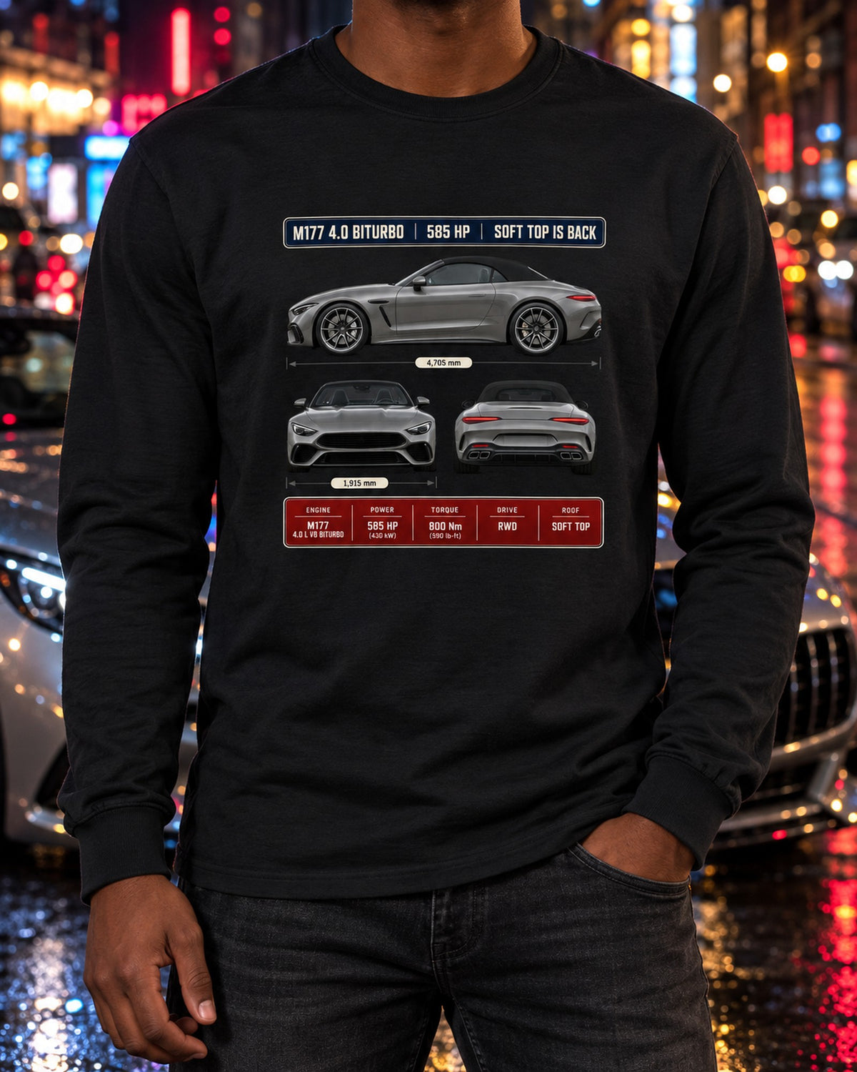 Mercedes-AMG SL63 R232 Three-View Spec Shirt, Car Guy Gift Long Sleeve Black worn hero