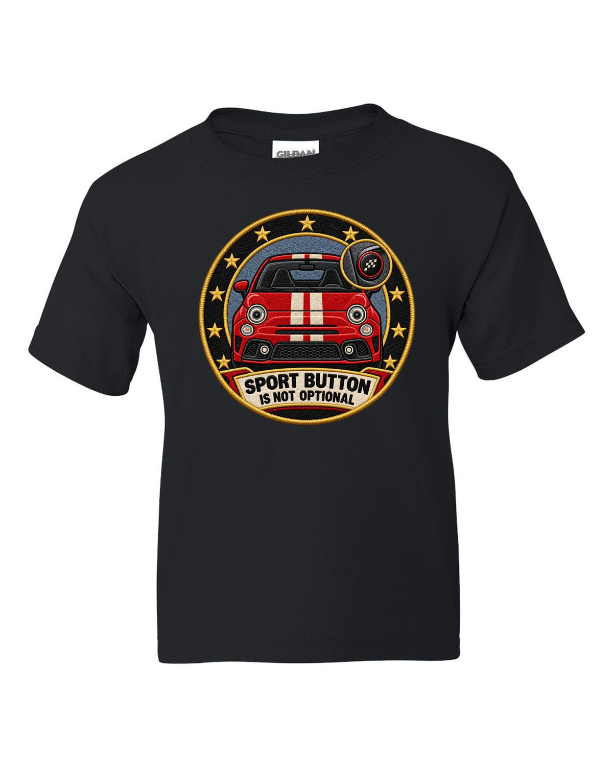 Varsity crest of a Fiat 500 Abarth with sport button text black kids tee front view with the design