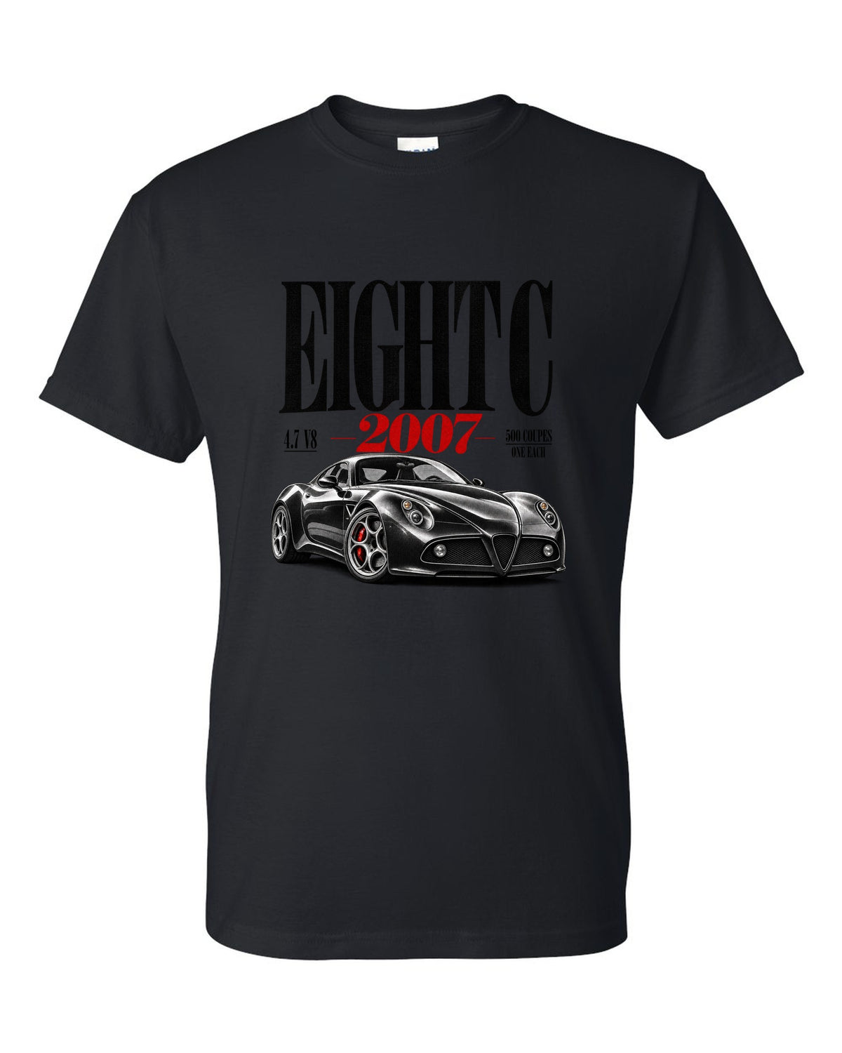Editorial headline print for the Alfa Romeo 8C Competizione with 4.7 V8 text black t-shirt front view with the design