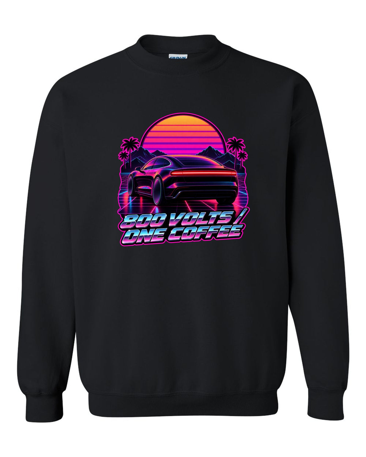 Porsche Taycan Turbo S 9J1 synthwave outrun light bar print with the text 800 volts one coffee black crewneck front view with the design
