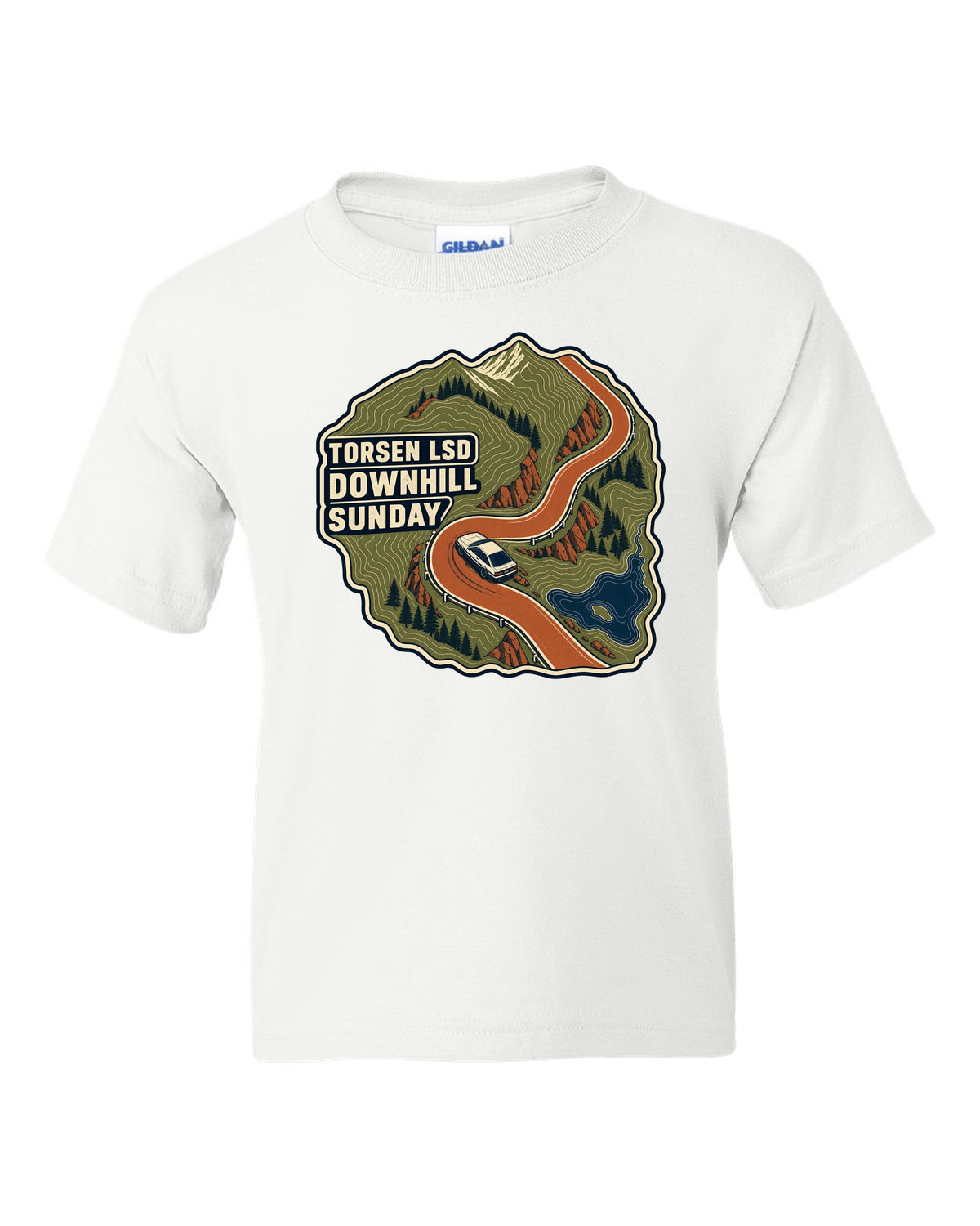 Topographic route map print for a Hyundai Genesis Coupe BK2 with Torsen LSD downhill Sunday text white kids tee front view with the design