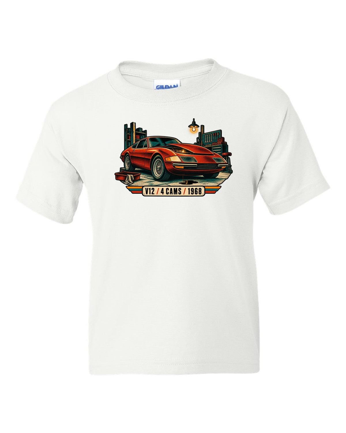 Risograph spot colour print of a Ferrari 365 GTB/4 Daytona in a garage with V12 4 Cams 1968 lettering white kids tee front view with the design