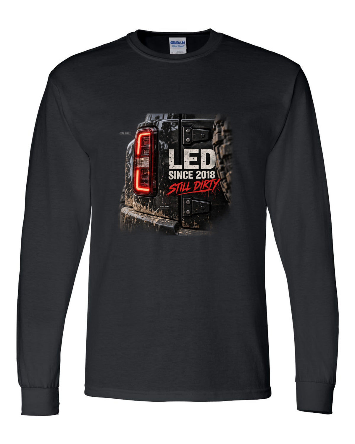 Jeep Wrangler JL LED taillight macro with mud line print black long sleeve front view with the design