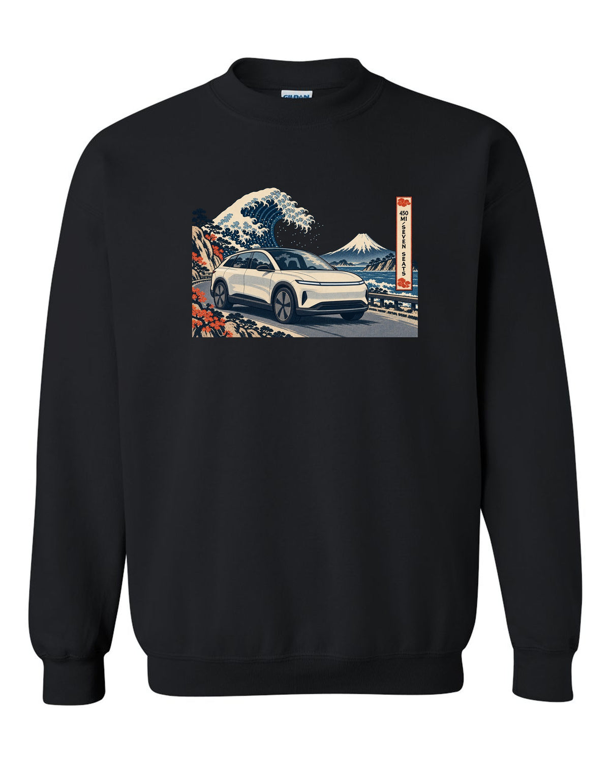 Lucid Gravity ukiyo-e woodblock ridge line print with the text 450 mi seven seats black crewneck front view with the design