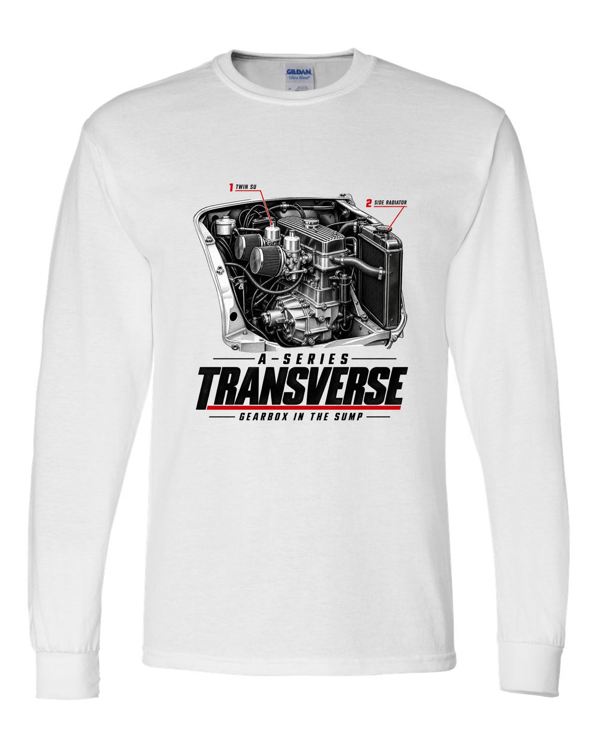 print of a Classic Mini Cooper S 1275 engine bay with the transverse A-series engine white long sleeve front view with the design