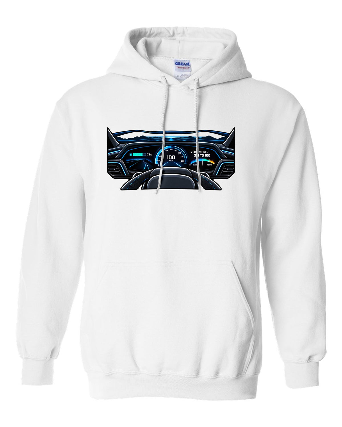 Flat gauge cluster print for the Audi e-tron GT with zero noise lettering white pull over hoodie front view with the design