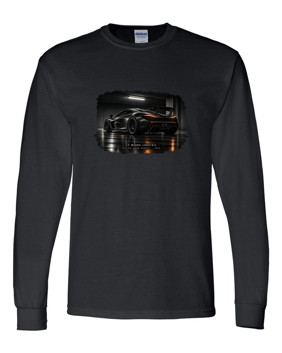 Garage night print of a 2015 McLaren 675LT with Longtail and 500 coupes text black long sleeve front view with the design