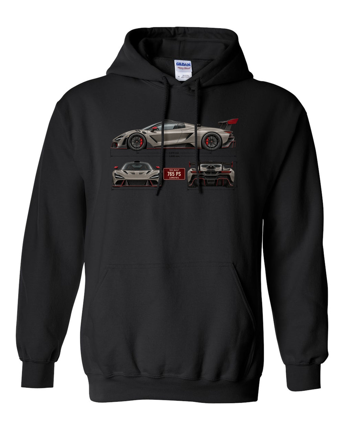 Three-view spec print of a McLaren 765LT, 765 built, 765 PS black pull over hoodie front view with the design