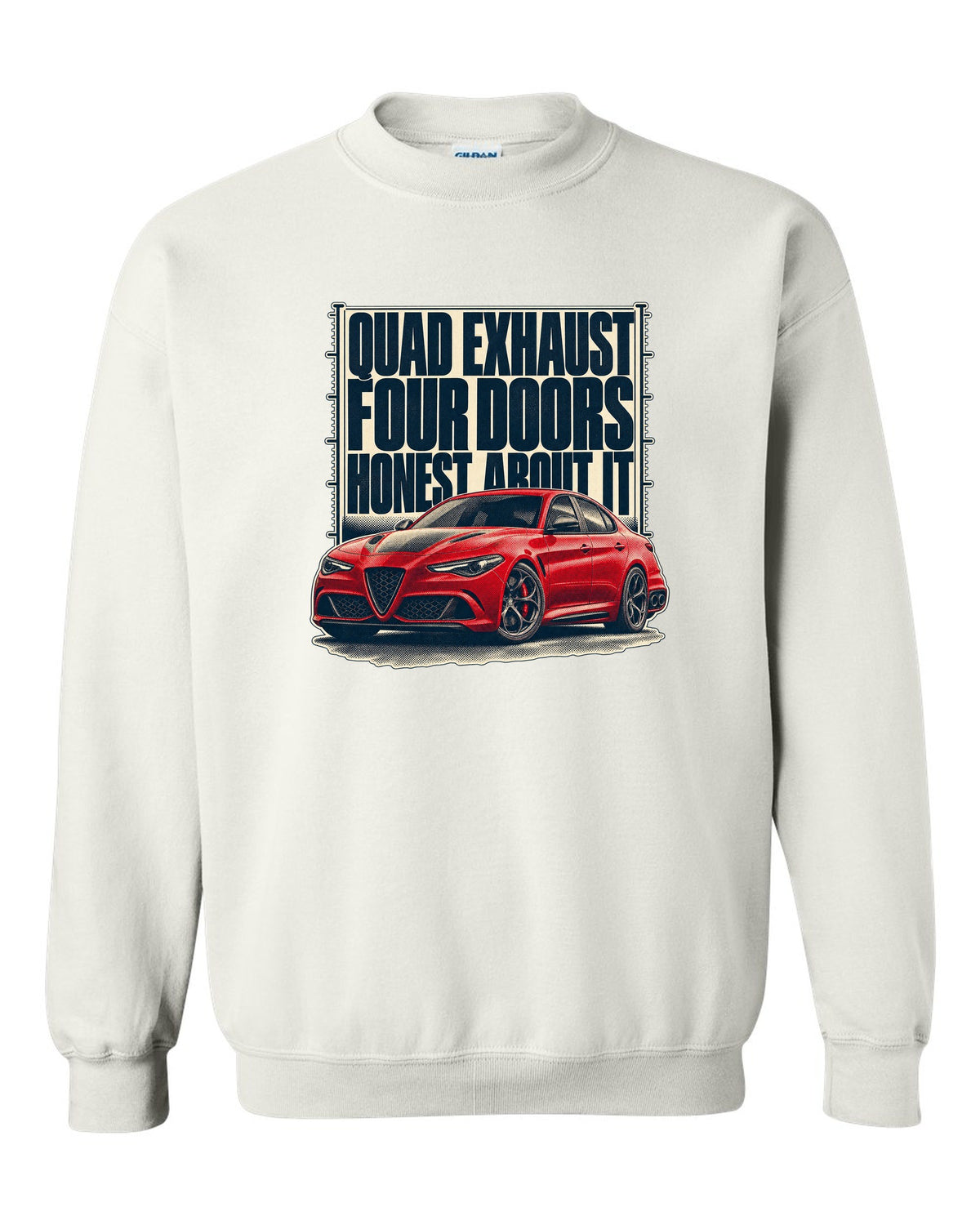 Alfa Romeo Giulia Quadrifoglio halftone statement print white crewneck front view with the design