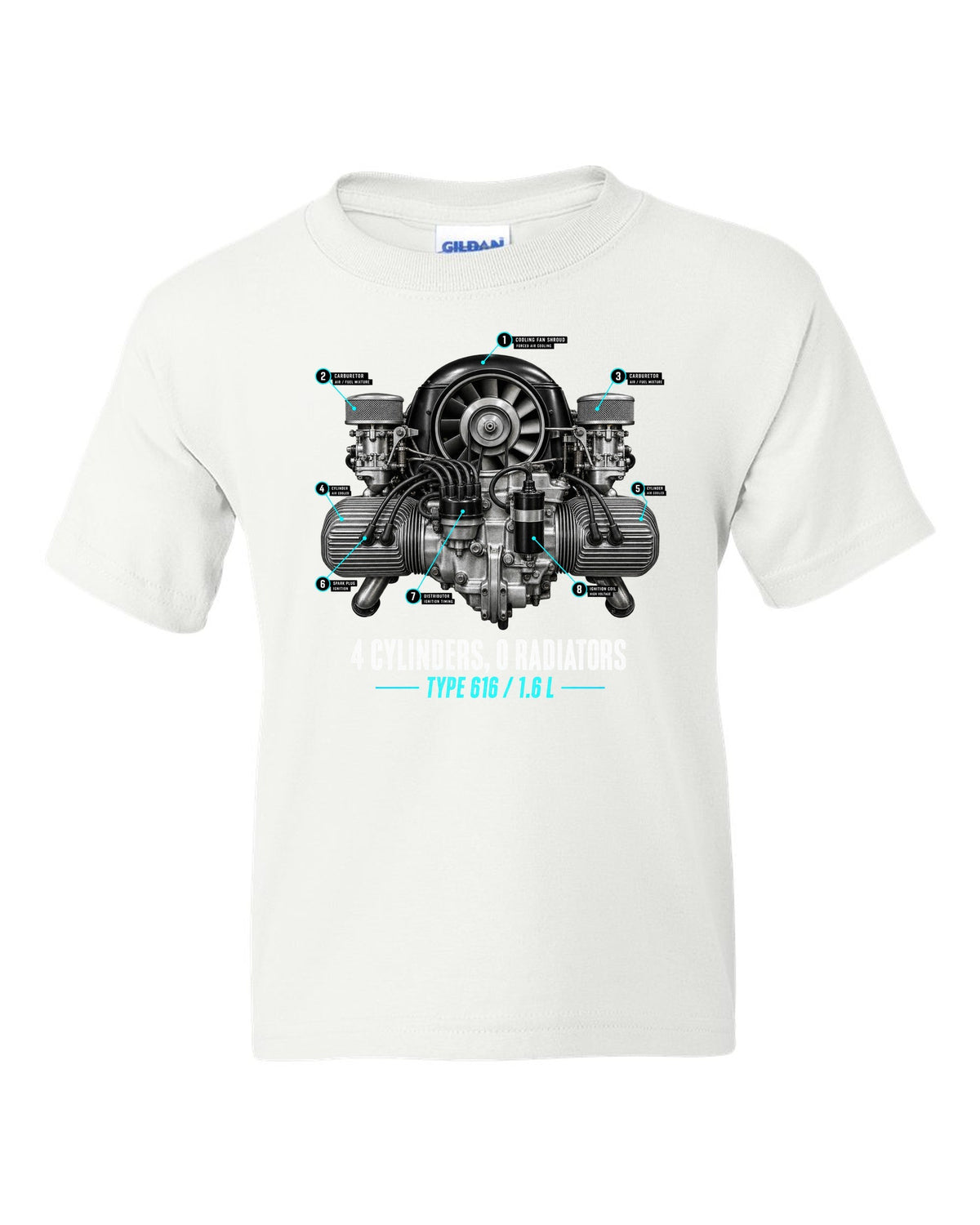 Engine hero print of the Porsche 356 Type 616 1.6 L flat-four with the caption 4 cylinders 0 radiators white kids tee front view with the design