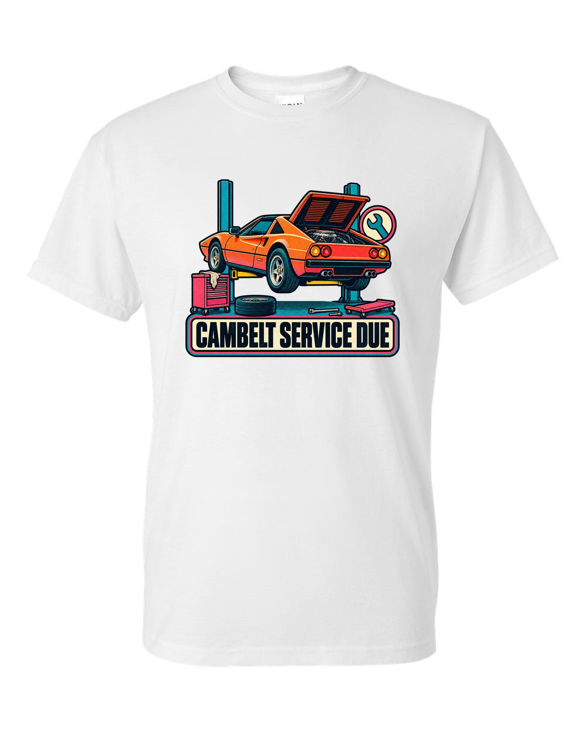 Risograph two-colour halftone print of a Ferrari 308 GTS with the text cambelt service due white t-shirt front view with the design