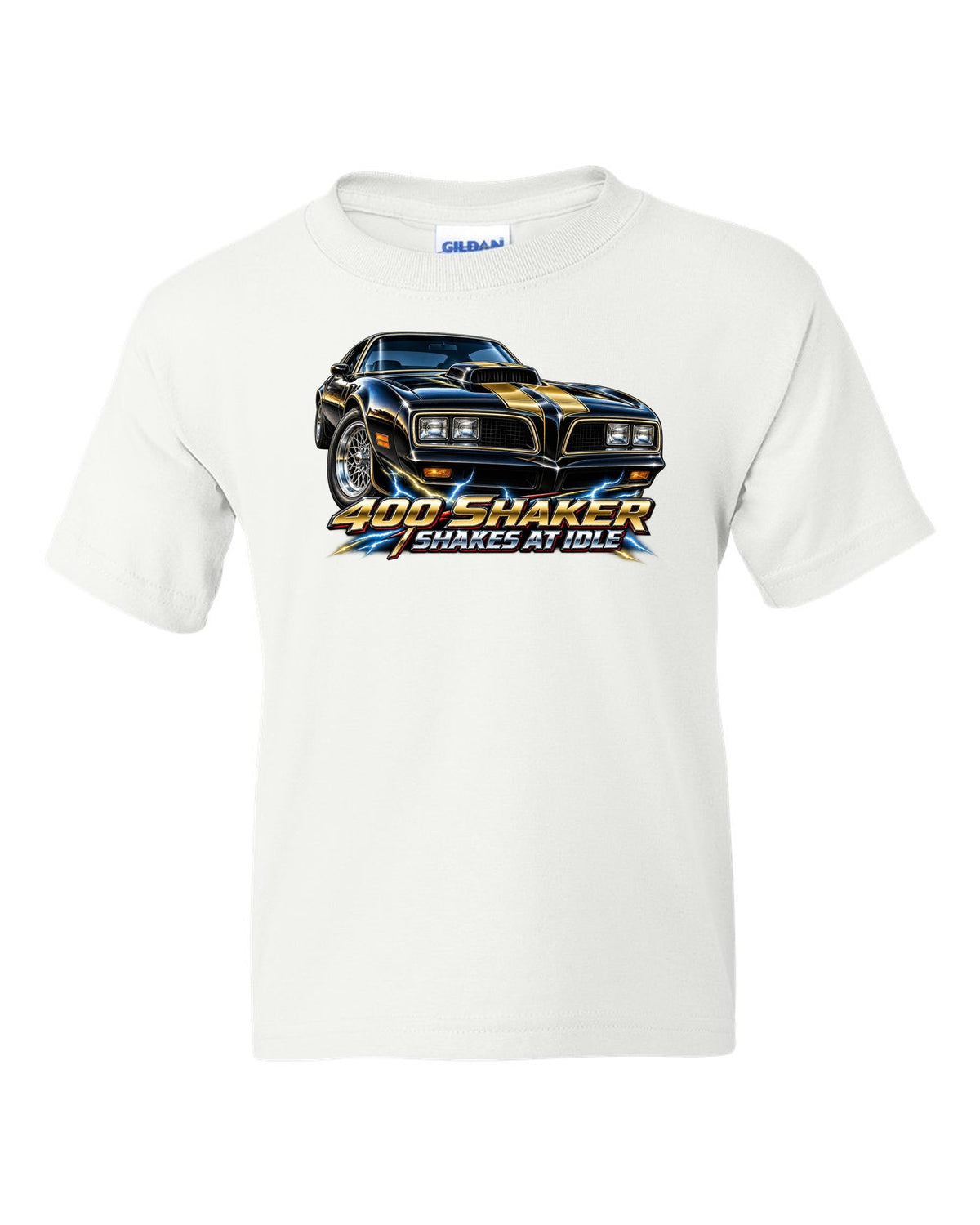 1977 Pontiac Firebird Trans Am shaker hood close-up in airbrush chrome white kids tee front view with the design