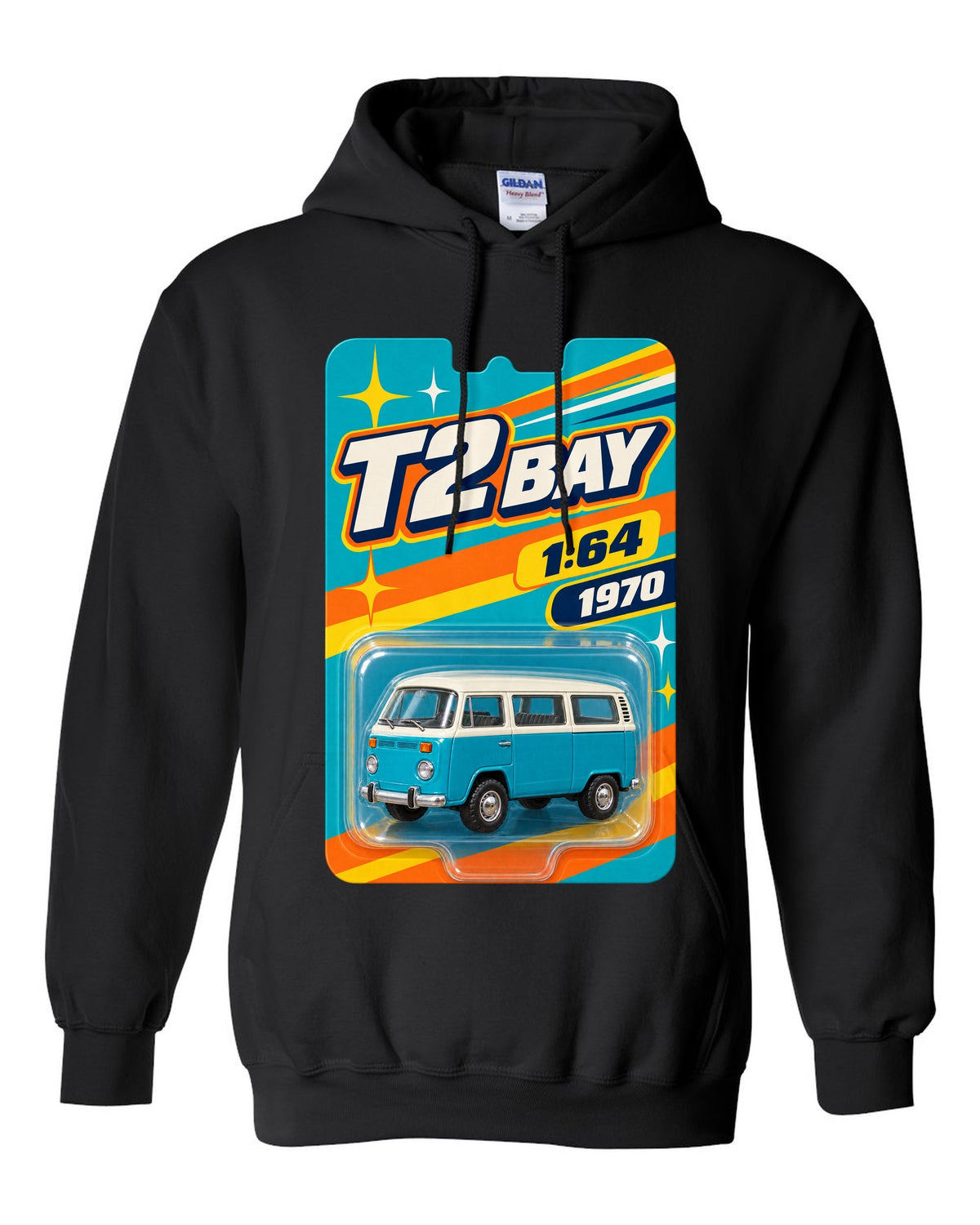 Toy-card blister pack style print of a 1970 VW Bus T2 bay window at 1:64 black pull over hoodie front view with the design