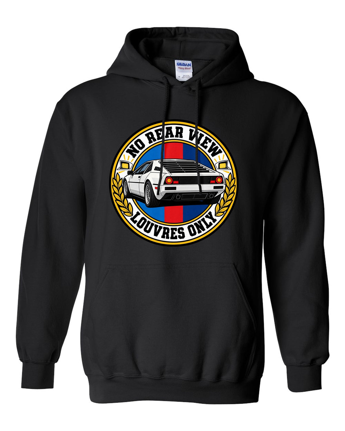 Stencil spray-paint print of a BMW 1 Series M Coupe E82 with N54 wastegate text black pull over hoodie front view with the design