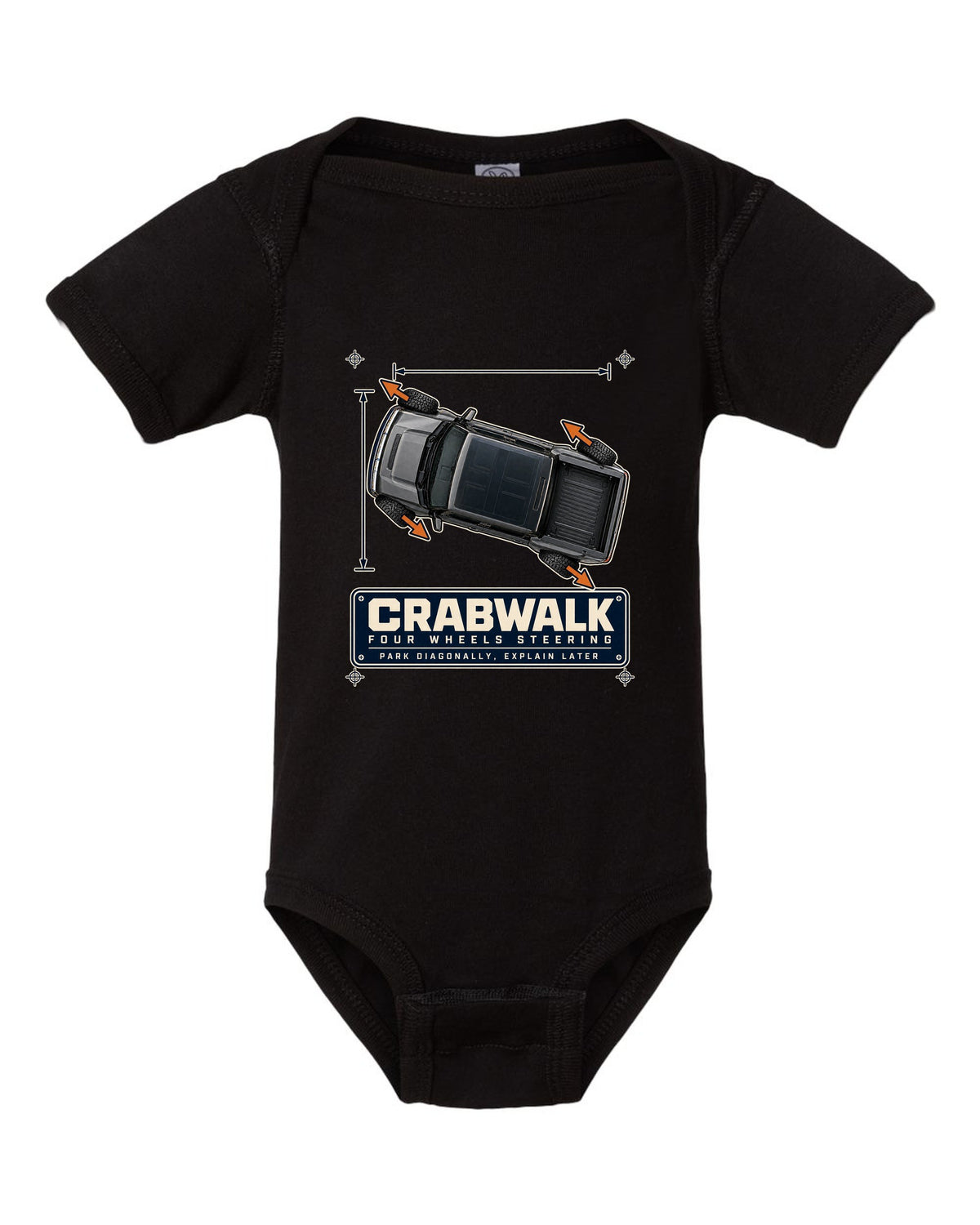 Top-view dimension blueprint print of a Hummer EV pickup showing CrabWalk diagonal steering black baby onesie front view with the design