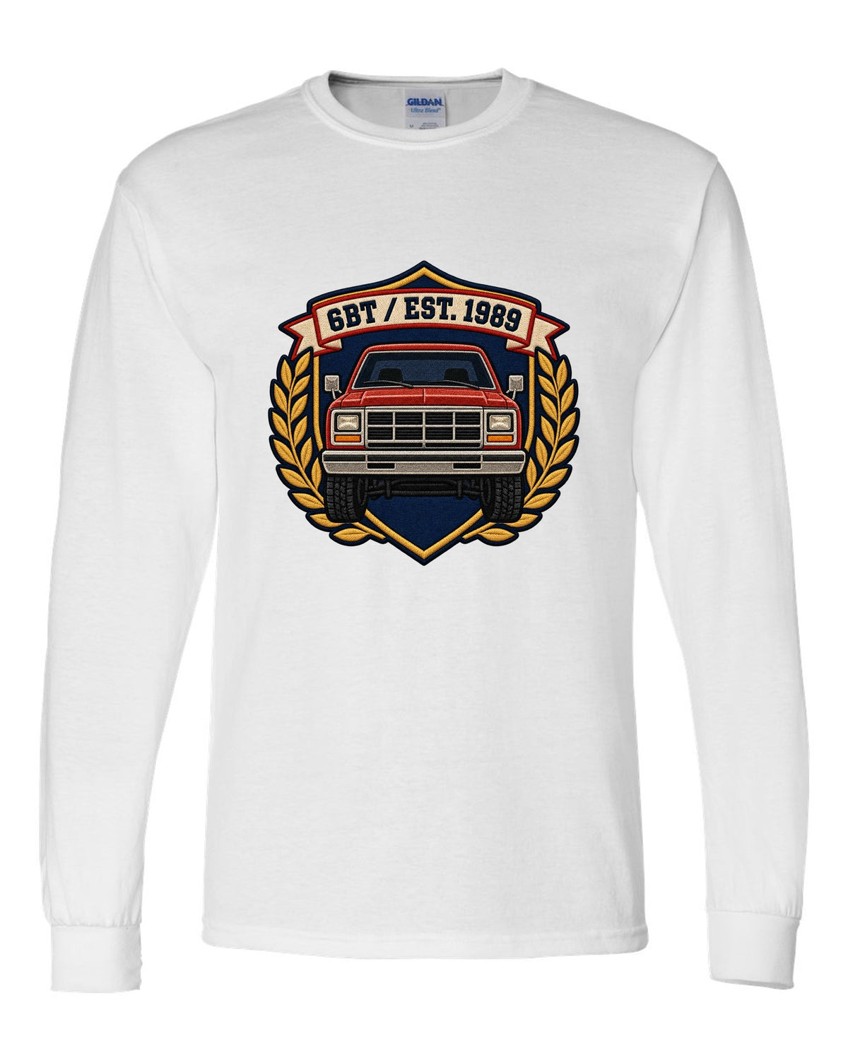 Varsity shield crest print for a first-generation Dodge Ram D250 6BT Cummins white long sleeve front view with the design