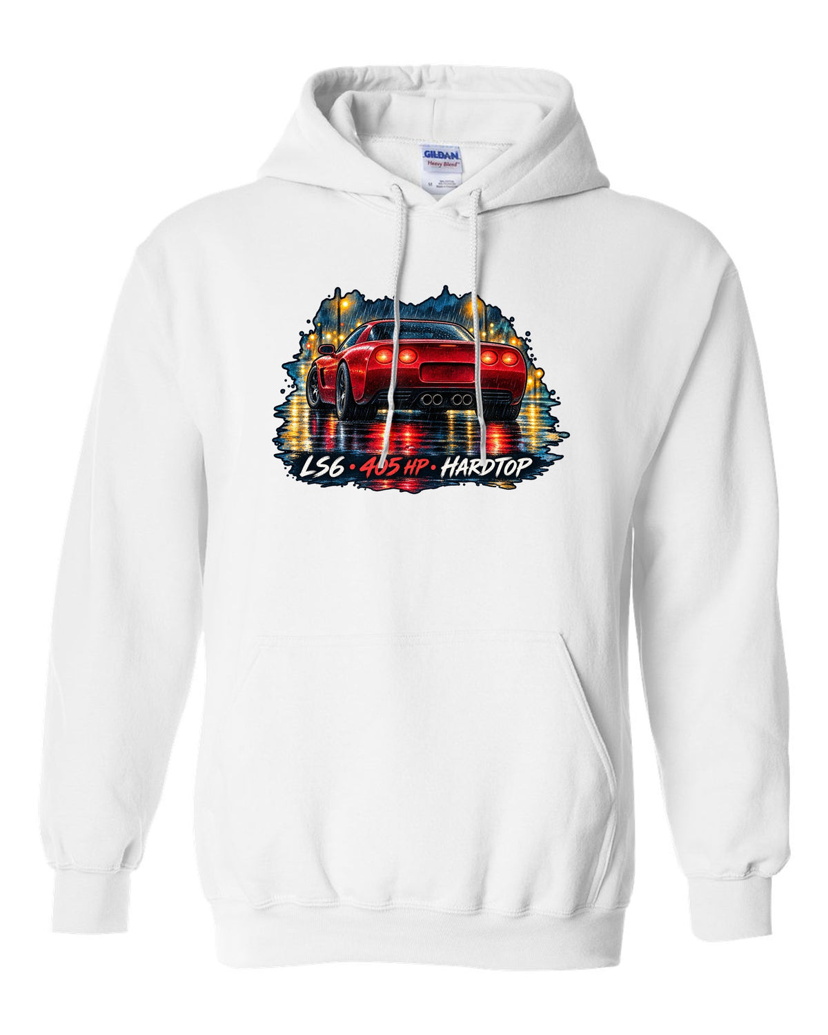 Watercolour wet-road night print of a 2002 Corvette C5 Z06 hardtop with LS6 405 HP lettering white pull over hoodie front view with the design