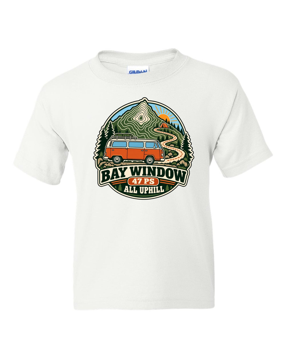 Topographic route map style print of a VW Bus T2 Bay Window with 47 PS all uphill text white kids tee front view with the design