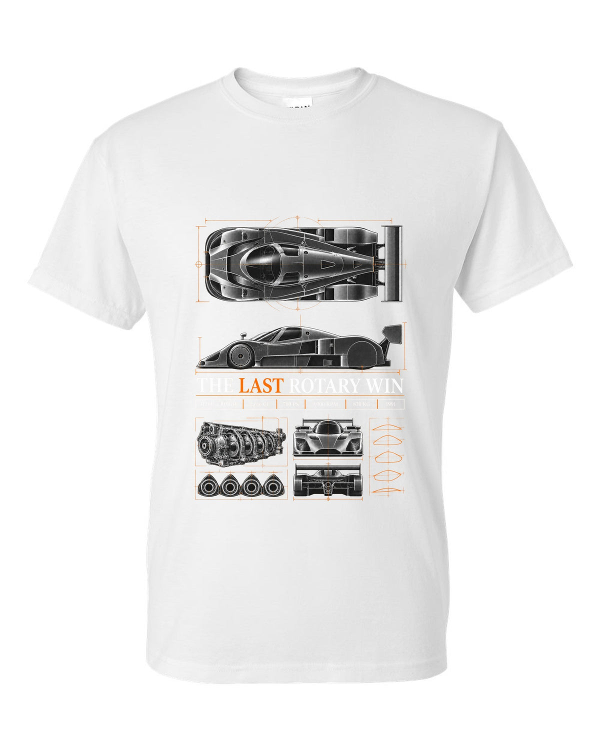 Spec poster print for the 1991 Mazda 787B with R26B four-rotor, 700 PS and 830 kg figures white t-shirt front view with the design