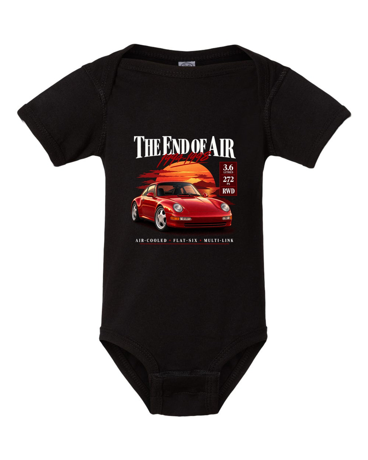 Archive panel print of a Porsche 911 Carrera (993) coupe with the heading The End Of Air and spec list black baby onesie front view with the design