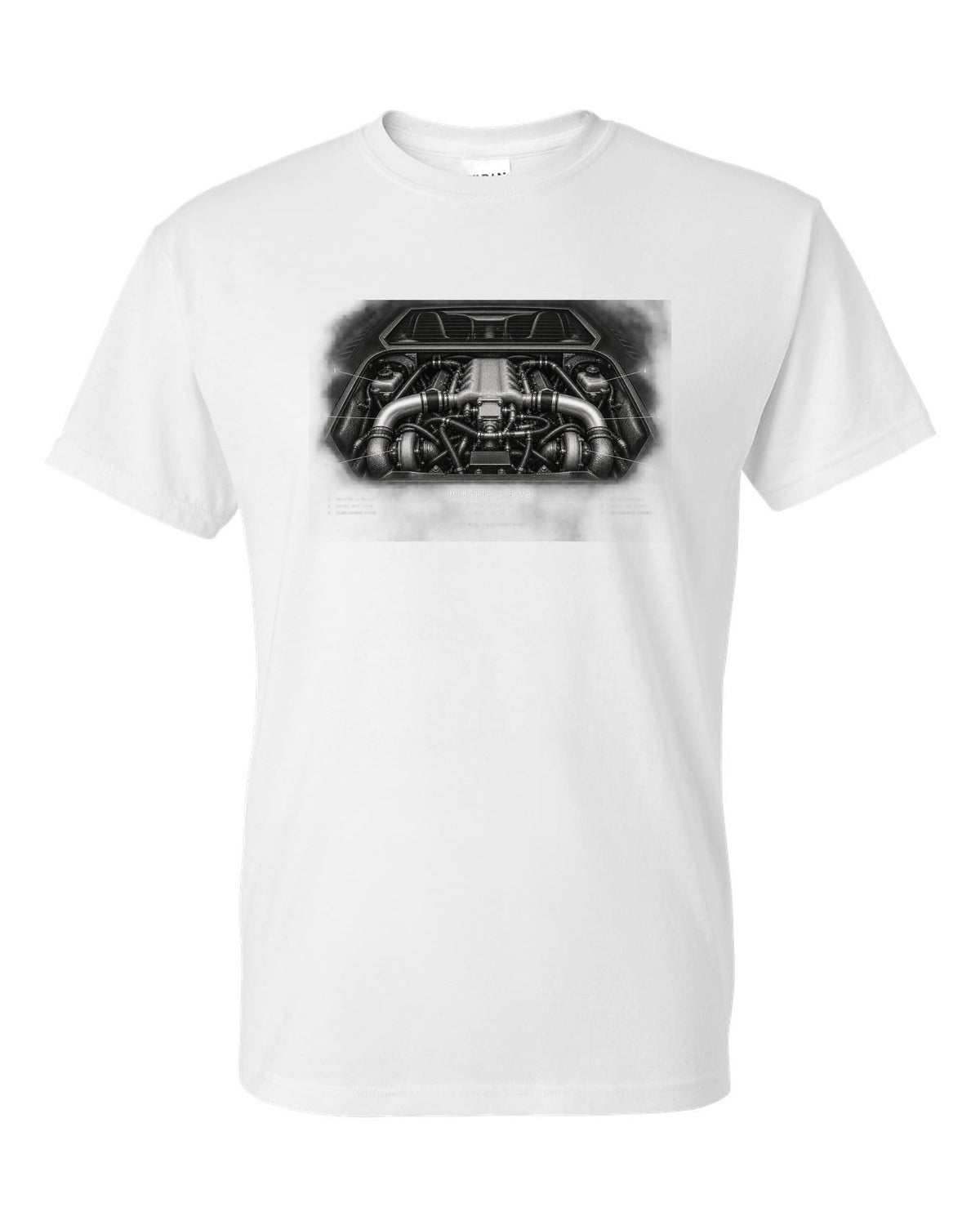 Engine hero print of a 1996 Lotus Esprit V8 with twin-turbo midship 3.5 V8 text white t-shirt front view with the design