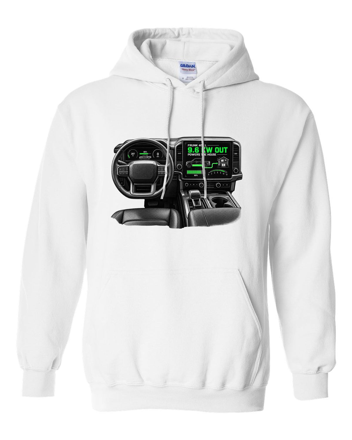 Ford F-150 Lightning 2022 interior centre screen crop with frunk readout white pull over hoodie front view with the design