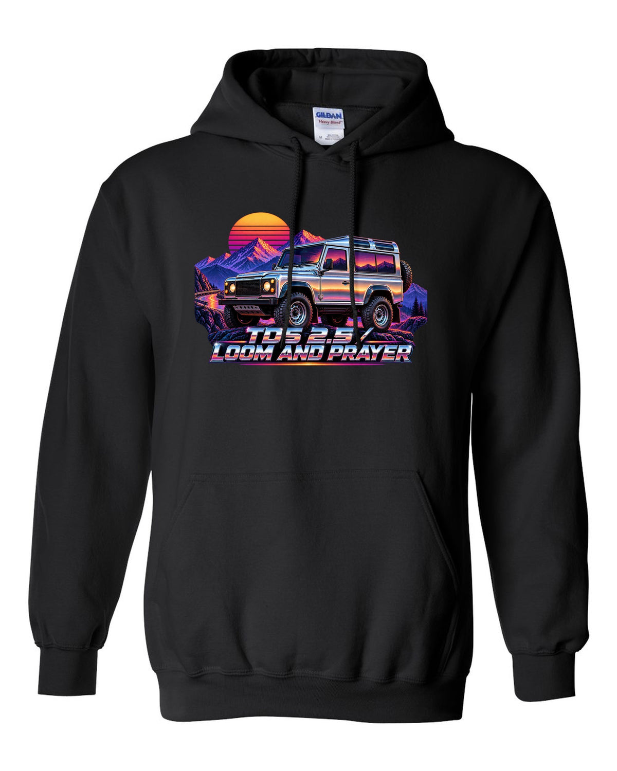 80s airbrush chrome art of a Land Rover Defender 110 Td5 on a sunset mountain pass black pull over hoodie front view with the design
