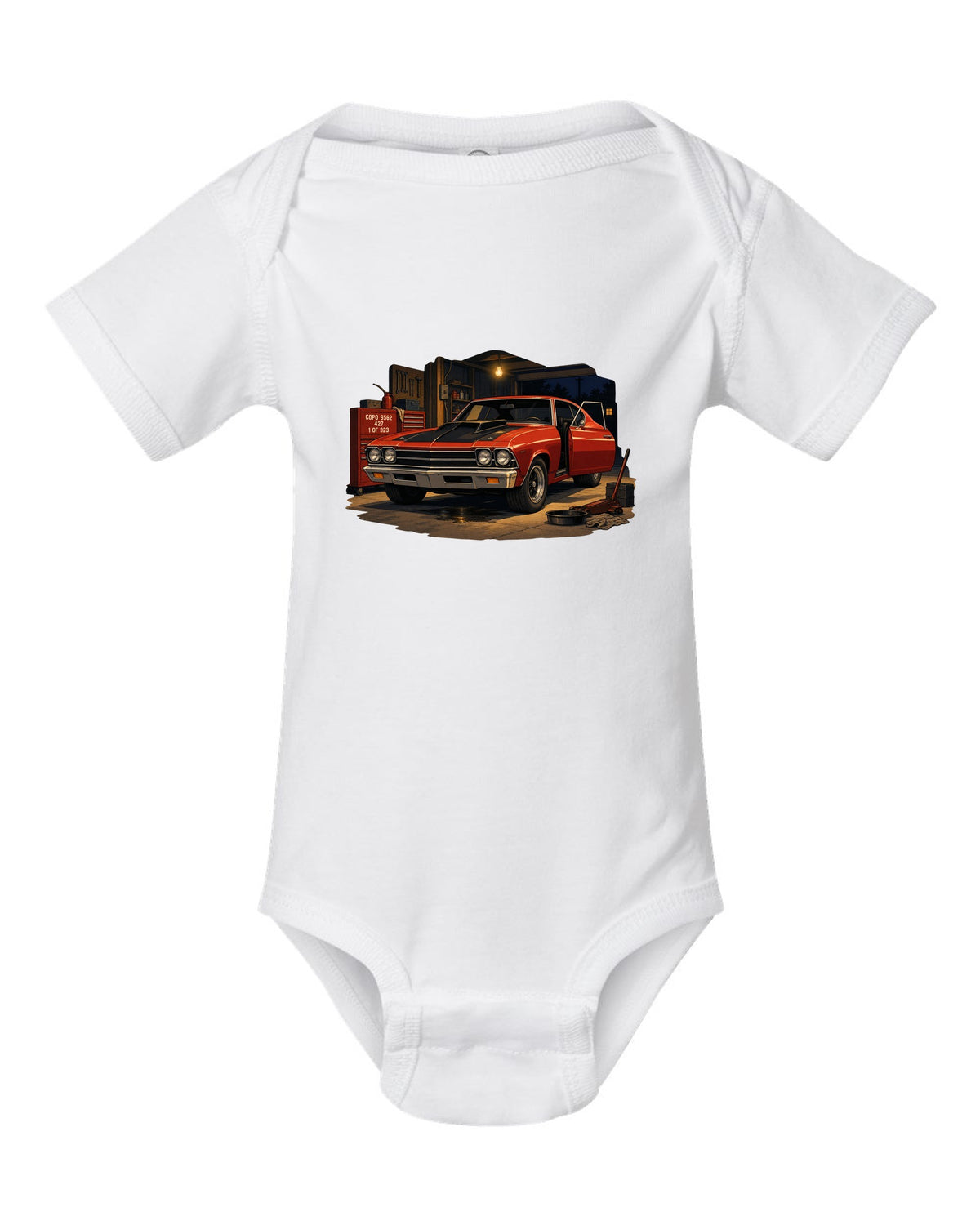Cel-shaded anime print of a 1969 Chevelle COPO in a night garage with the text COPO 9562, 427, 1 of 323 white baby onesie front view with the design