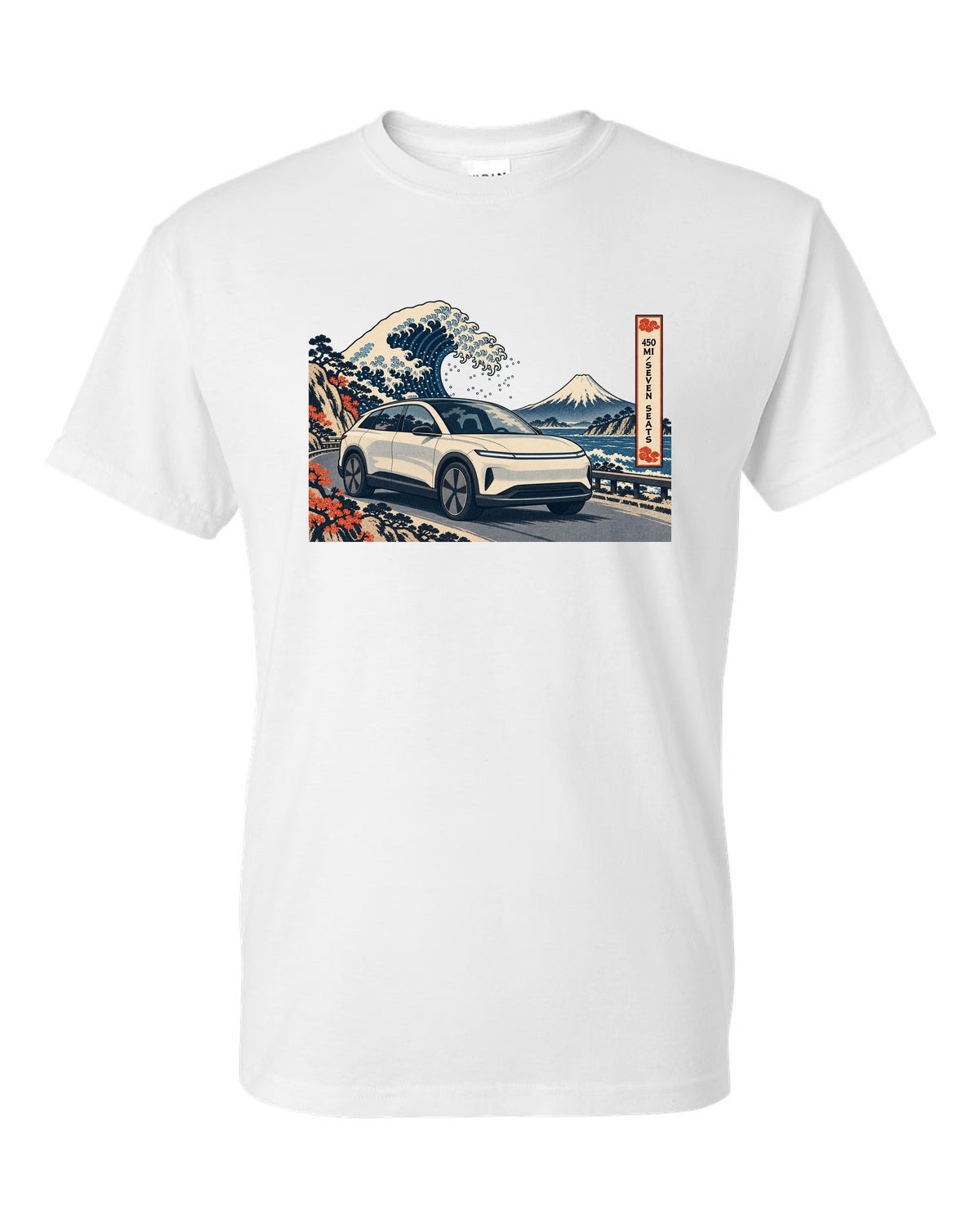 Lucid Gravity ukiyo-e woodblock ridge line print with the text 450 mi seven seats white t-shirt front view with the design