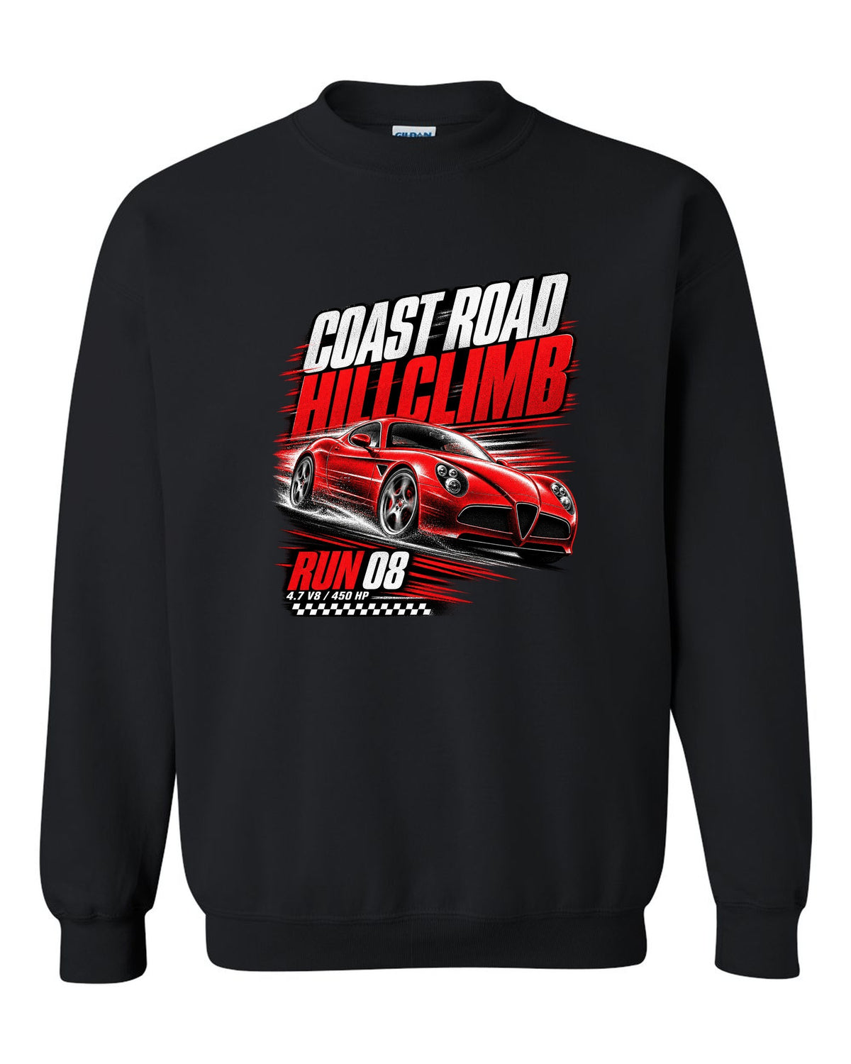 Hillclimb race poster print of an Alfa Romeo 8C Competizione with coast road and 4.7 V8 text black crewneck front view with the design