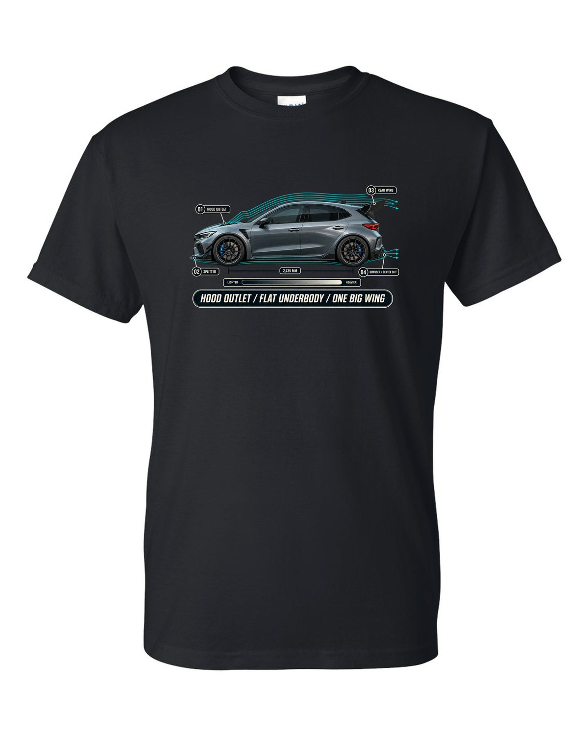 Honda Civic Type R FL5 Airflow Callouts black t-shirt front view with the design
