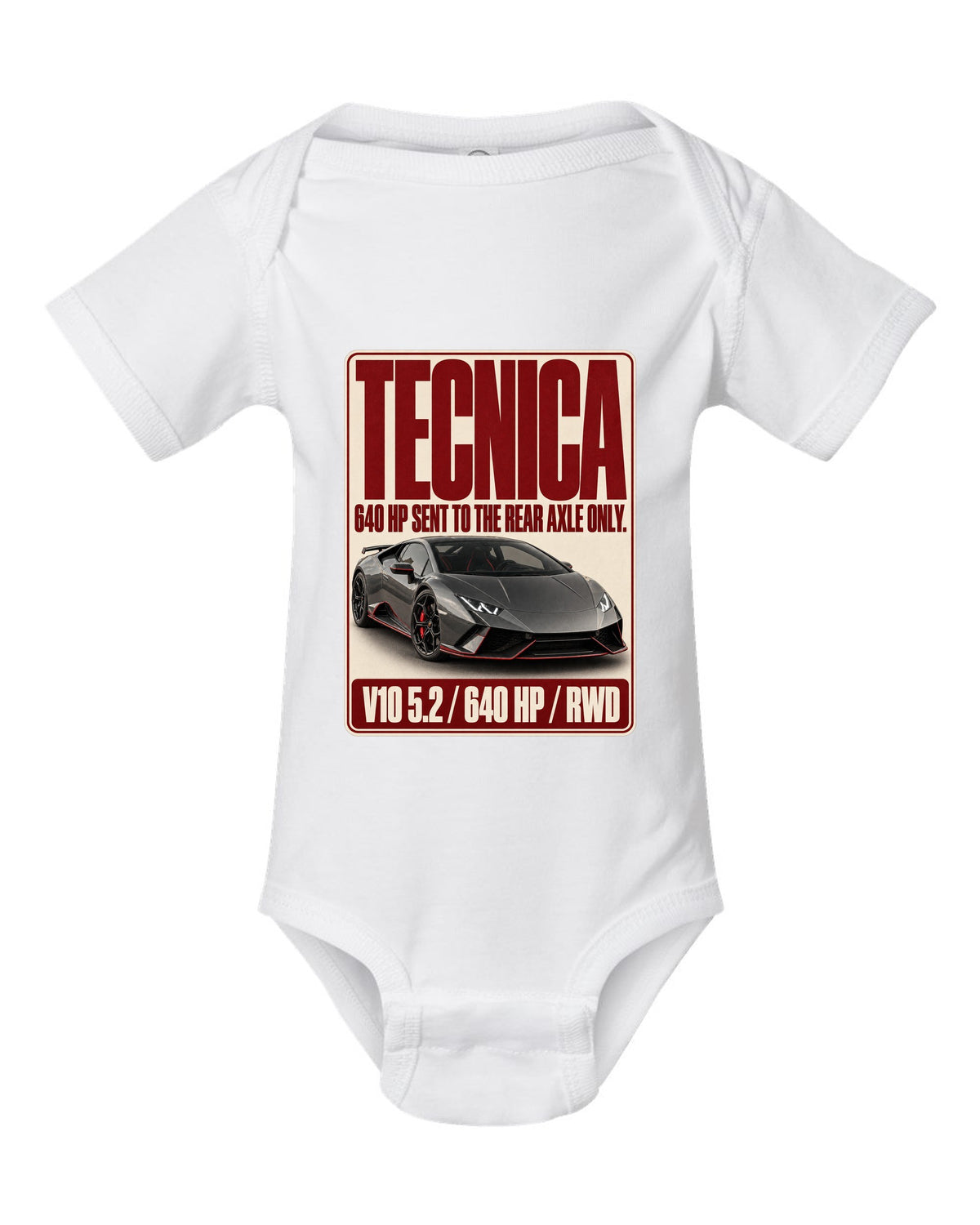 Editorial headline print of the Lamborghini Huracan Tecnica white baby onesie front view with the design