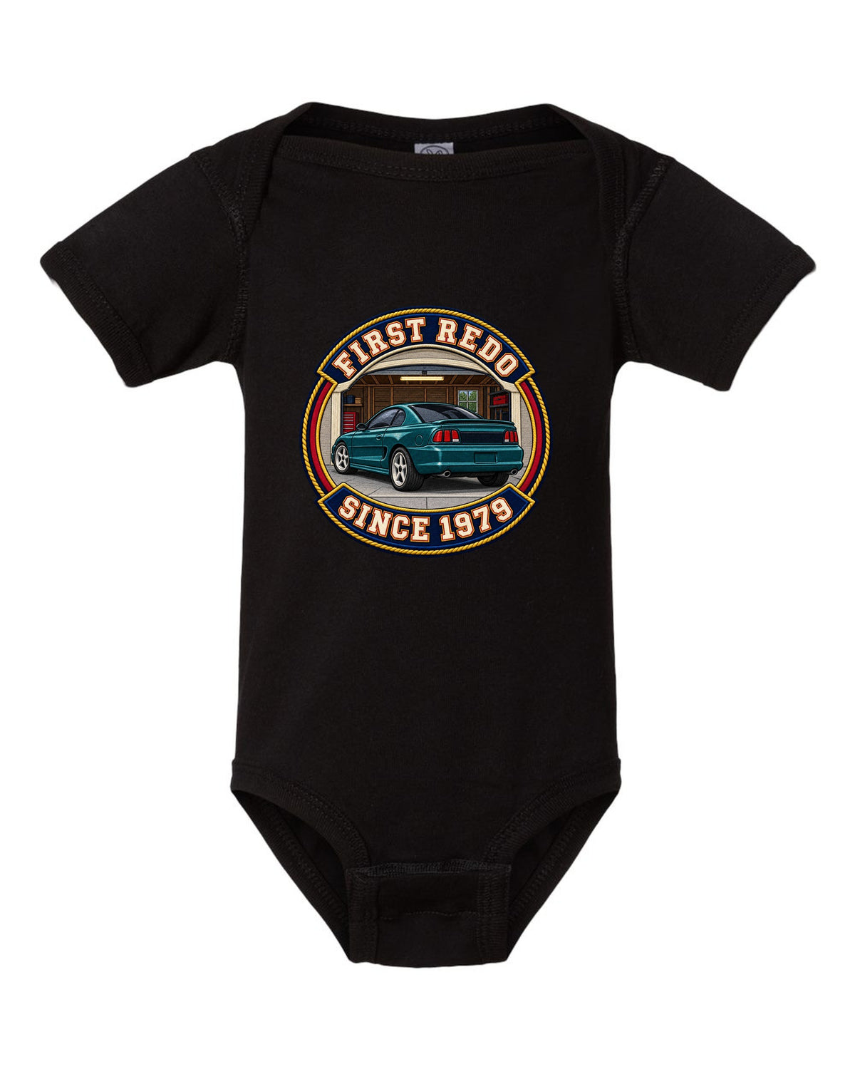 Embroidery-style varsity crest print for a 1994-98 Ford Mustang SN95 black baby onesie front view with the design