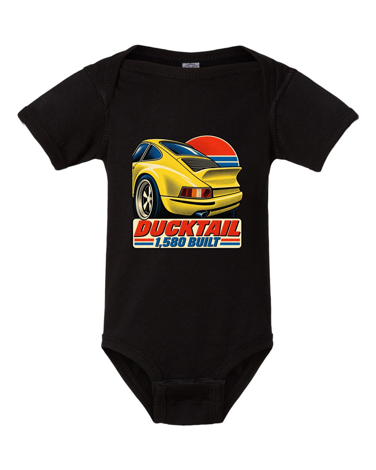 Vintage lithograph poster of the Porsche 911 Carrera RS 2.7 ducktail black baby onesie front view with the design