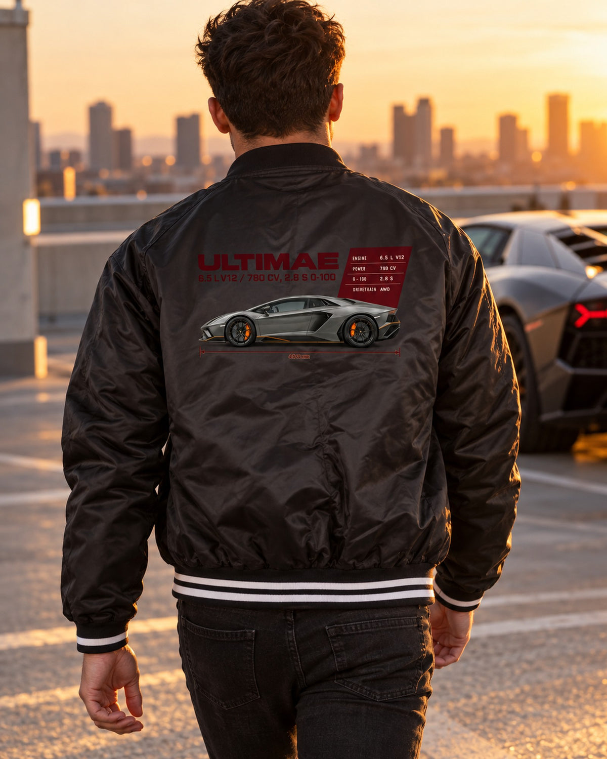 Lamborghini Aventador Ultimae Spec Poster Tee, V12 Fan Bomber Jacket Black worn hero