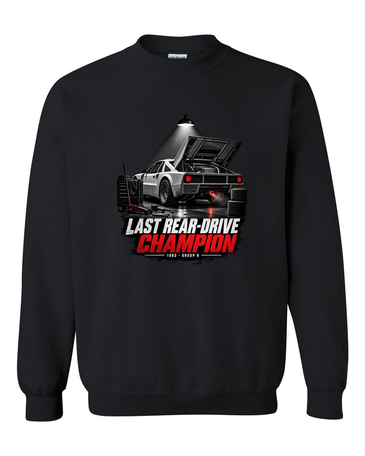 Garage night print of a Lancia Rally 037 with Last Rear-Drive Champion text black crewneck front view with the design