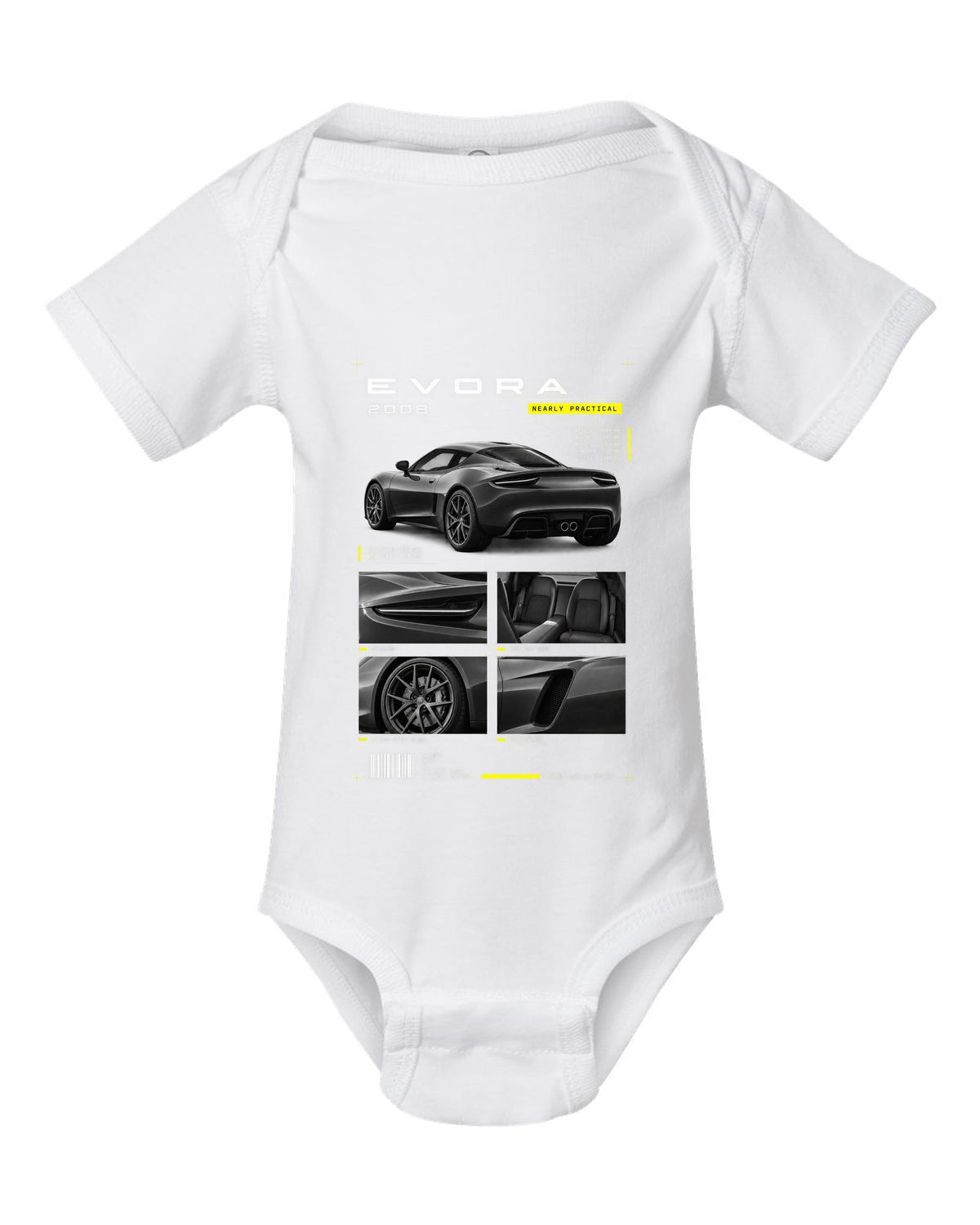 Lotus Evora 2008 dossier panels print white baby onesie front view with the design