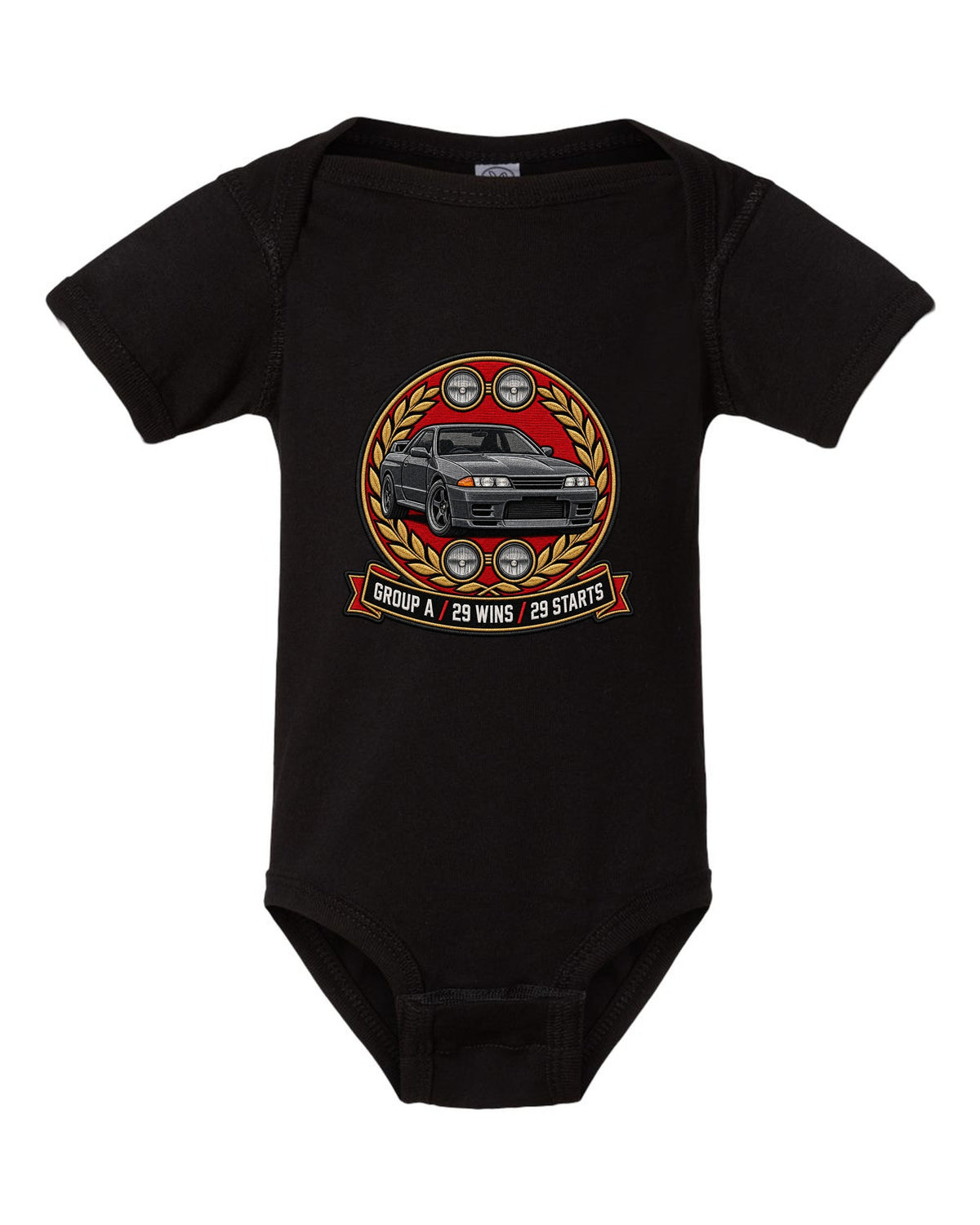 Embroidery-style round crest print for the Nissan Skyline GT-R R32 BNR32 with Group A 29 wins text black baby onesie front view with the design