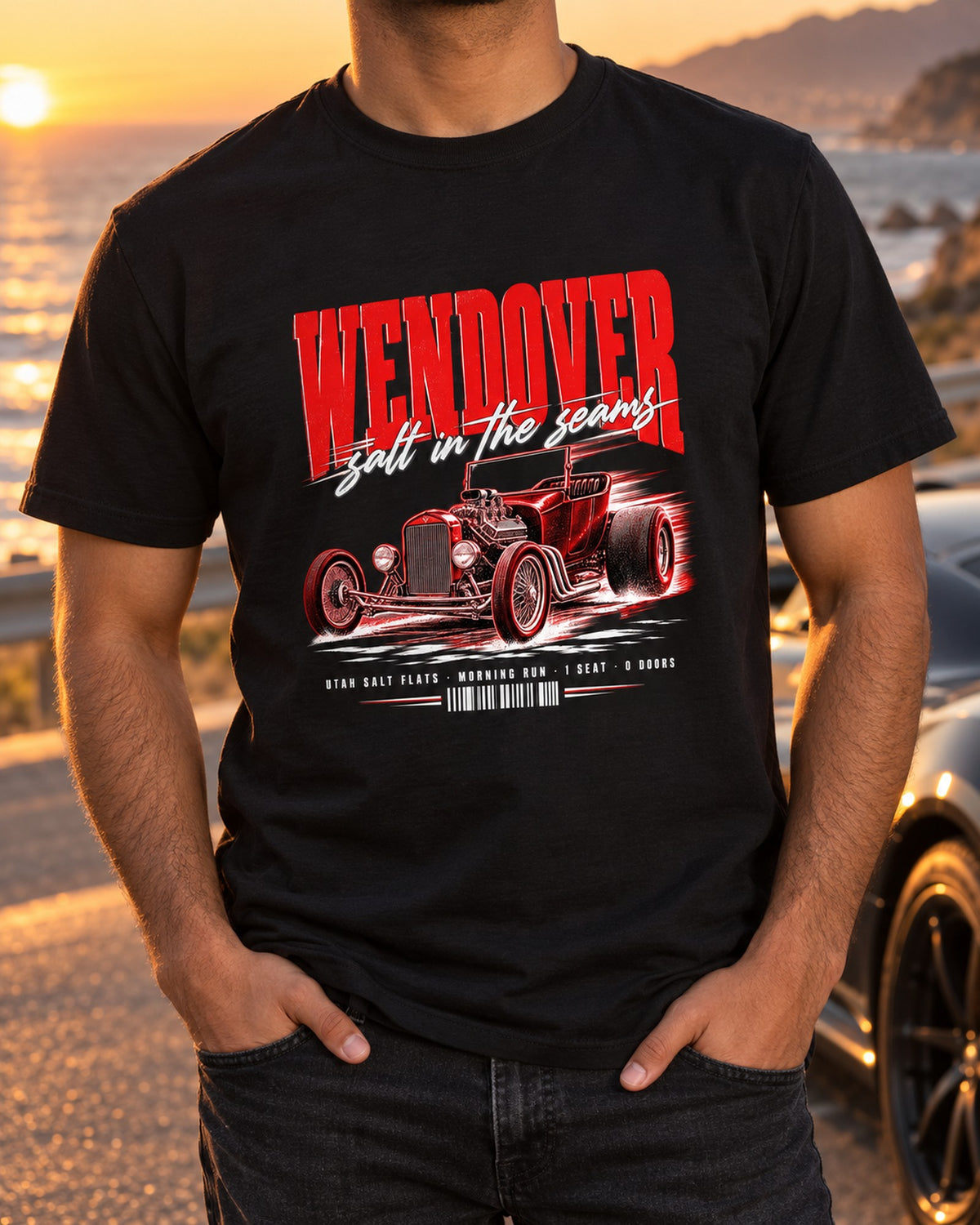 T-Bucket Hot Rod Wendover Salt Flats Poster Tee, Car Guy Gift T-Shirt Black worn hero