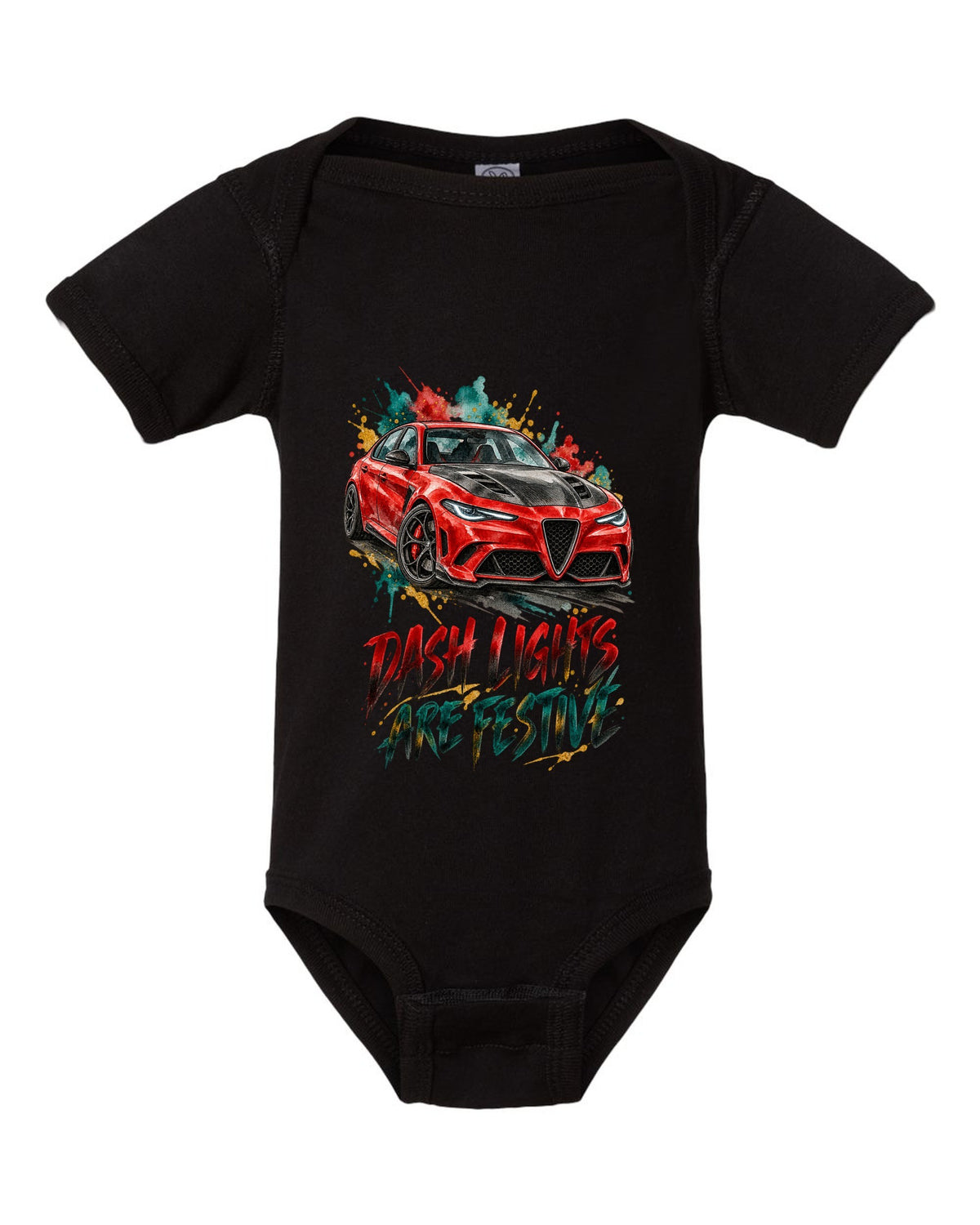Watercolour ink illustration of an Alfa Romeo Giulia Quadrifoglio 952 with dash lights text on a tee back black baby onesie front view with the design