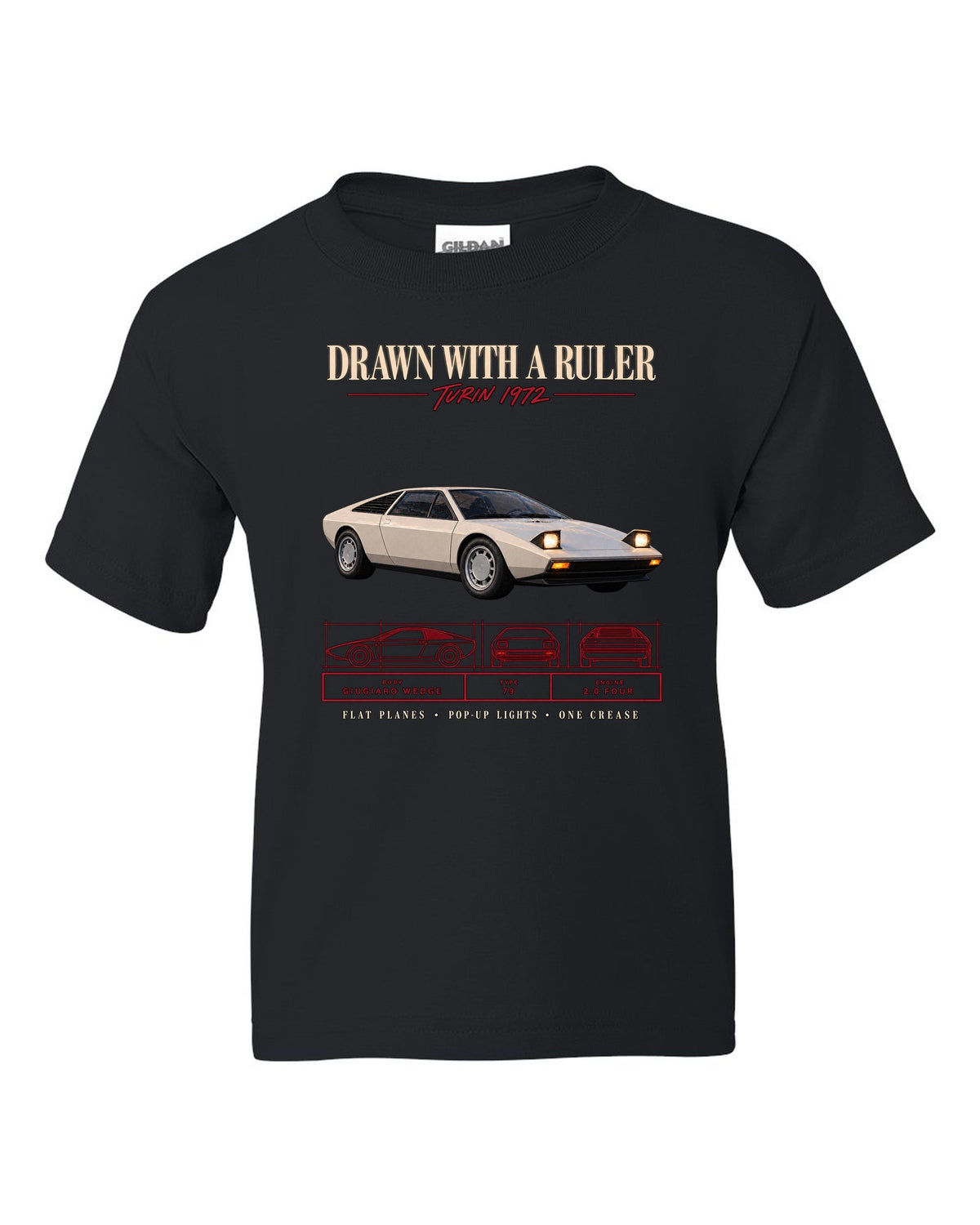 Archive panel print of a 1976 Lotus Esprit S1 Type 79 with Giugiaro wedge text black kids tee front view with the design