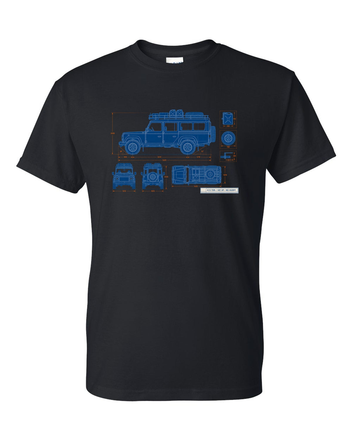 Blueprint line drawing print of a Land Rover Defender 110 Td5 with roof rack and 2.5 TD5 text black t-shirt front view with the design