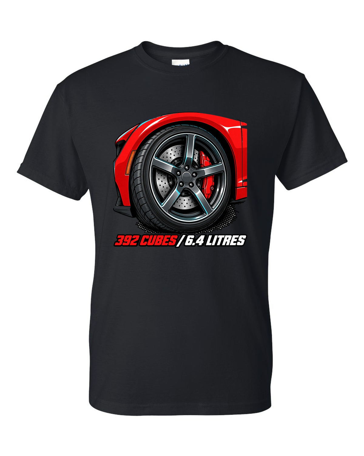 Bold monoline print with halftone shadow of a 2018 Dodge Challenger SRT 392 black t-shirt front view with the design