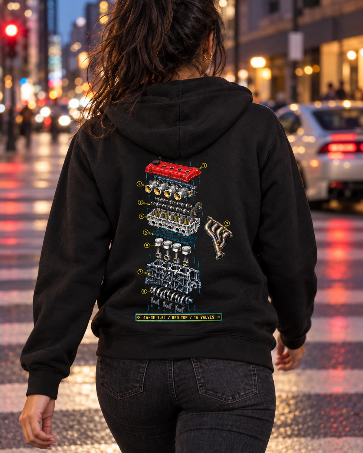 Toyota AE86 Corolla Levin 4A-GE Exploded Blueprint Tee Zip Hoodie Black worn hero