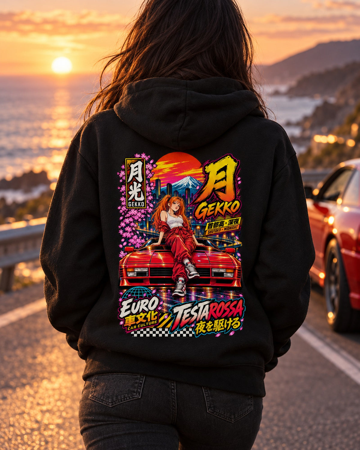 GEKKO TESTAROSSA Anime Girl Full-Back Graphic Tee Pull Over Hoodie Black worn hero